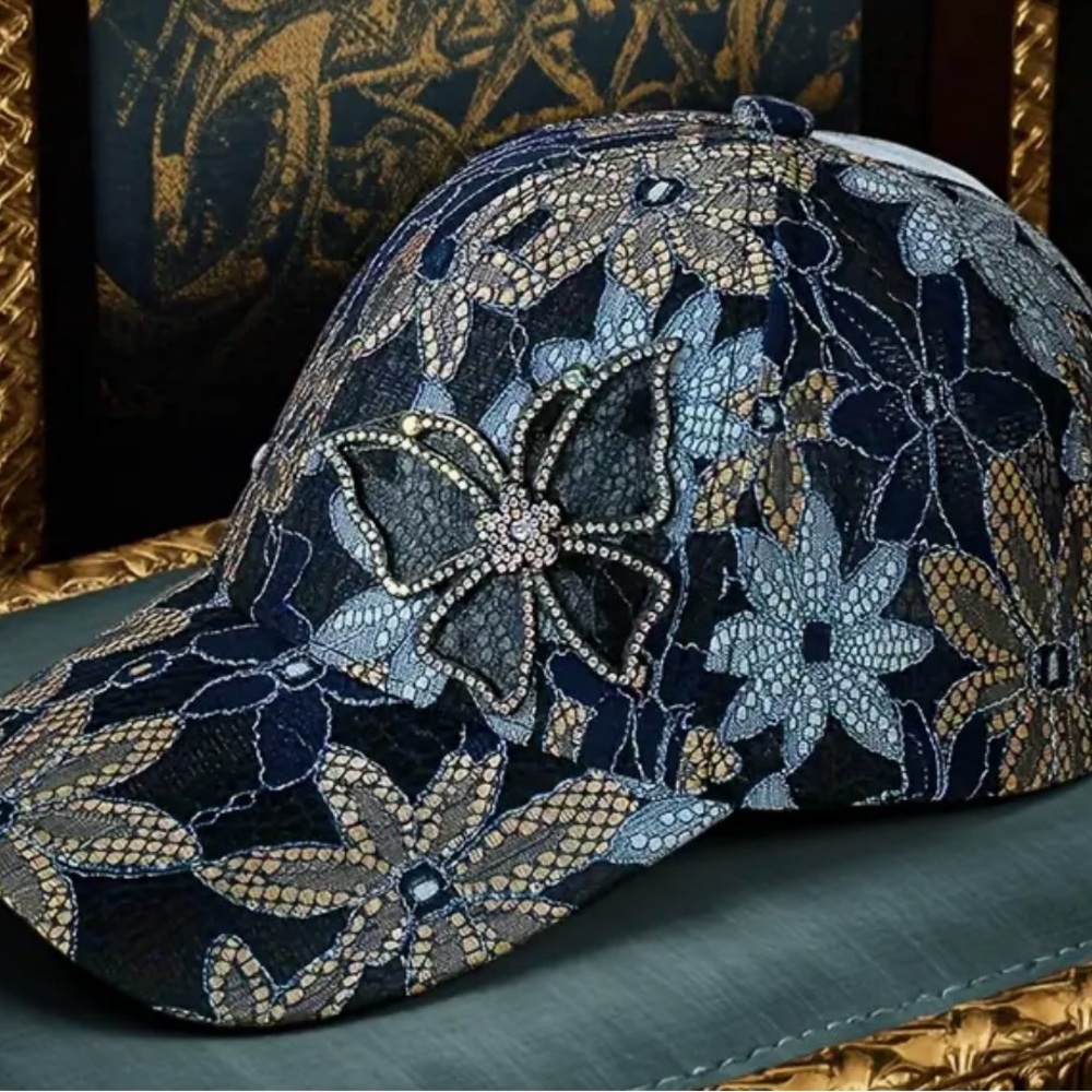 New, Floral& Rhinestone Embellished Cap - Blue and Black - Picture 5 of 9